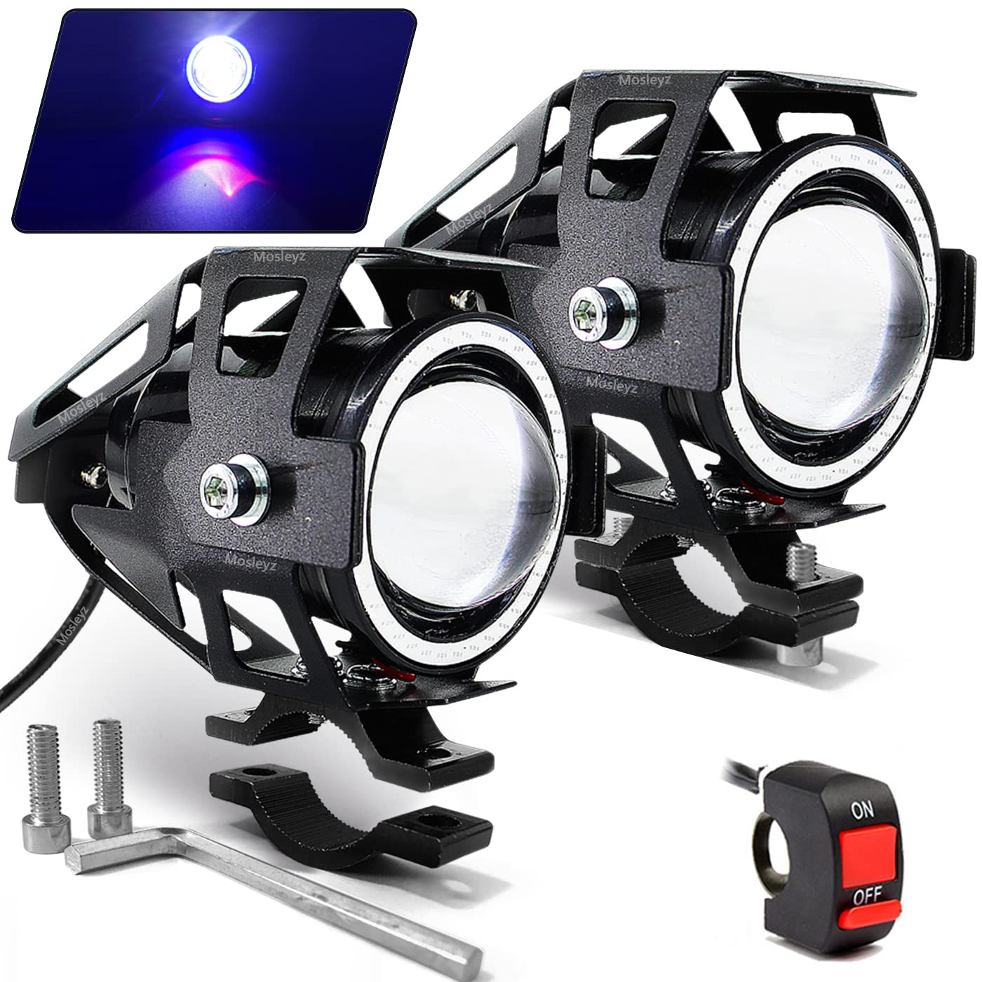 Motorcycle Led Fog Lights U7 Spotlight Daytime Running Lights Bicycle Lights With Blue Angel Eyes Halo Ring And Switch 2-Sets